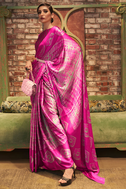 hot pink satin silk saree 1 2