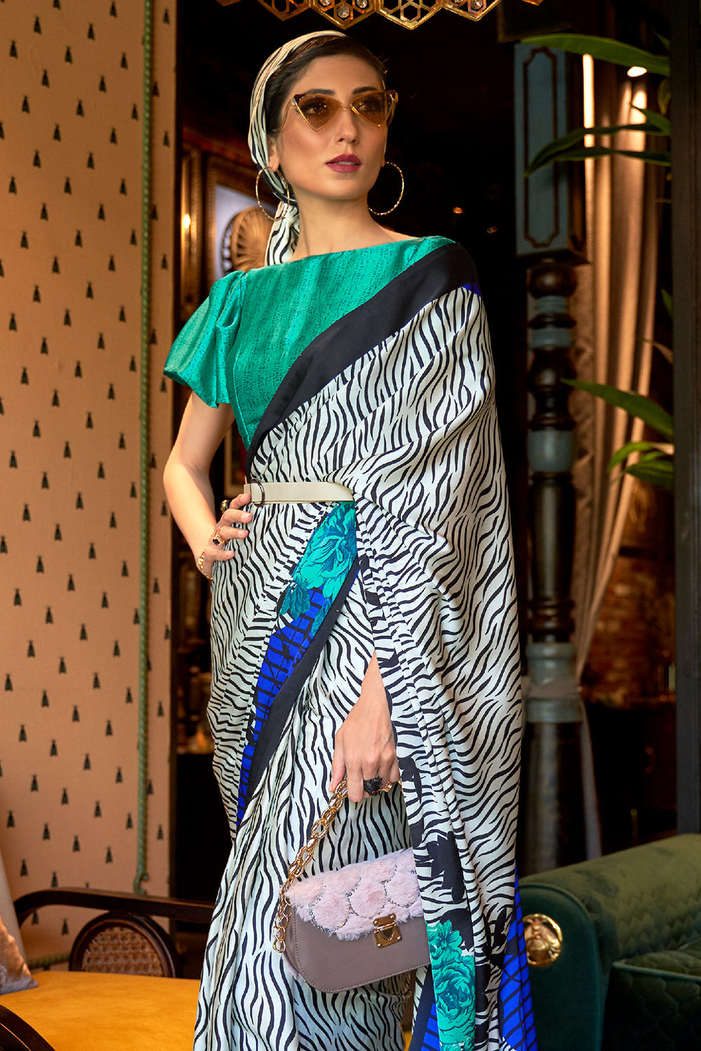 white satin silk saree with black stripes 1