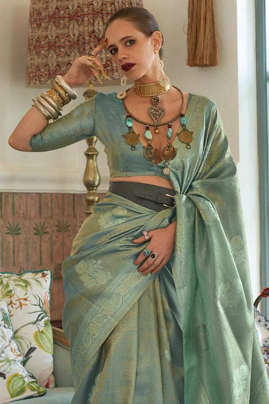 tiffany blue satin saree 1