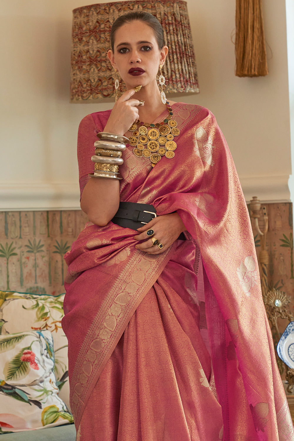 dusty pink satin saree 1