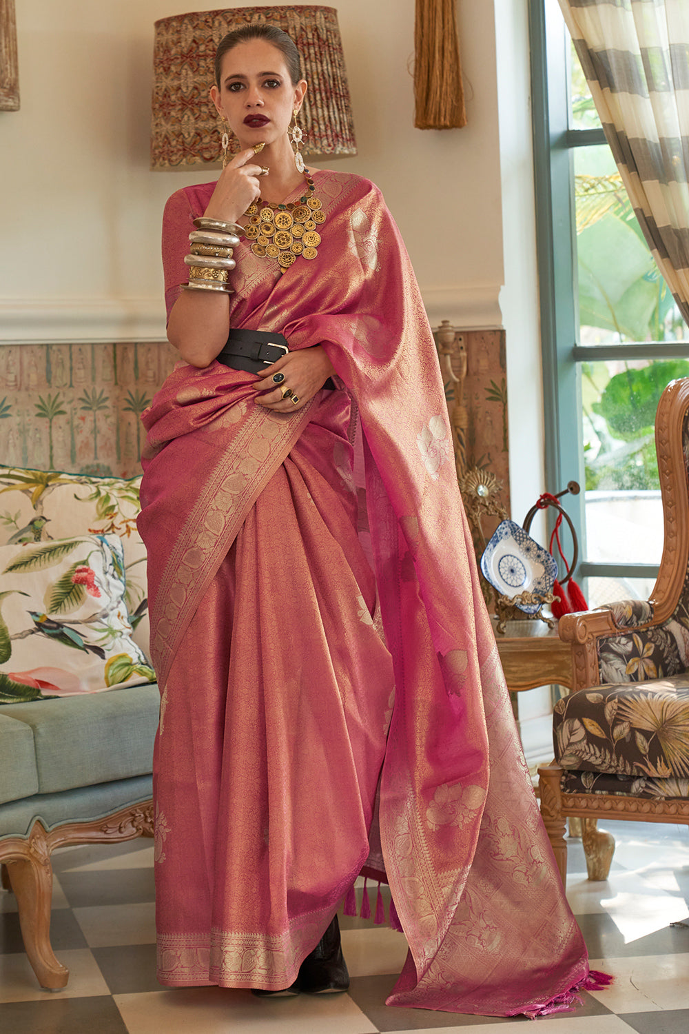 dusty pink satin saree 3