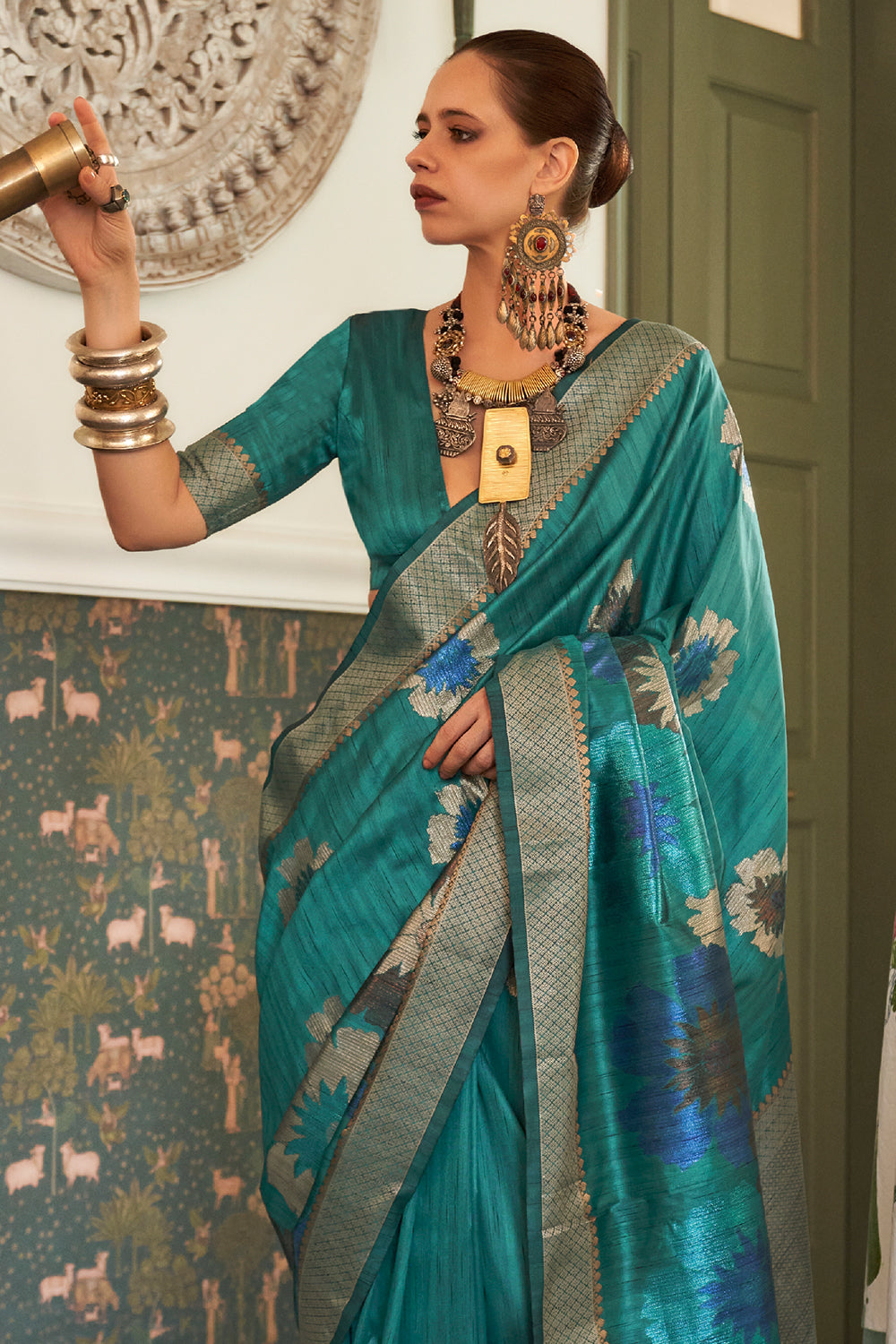 olympic blue silk saree 1