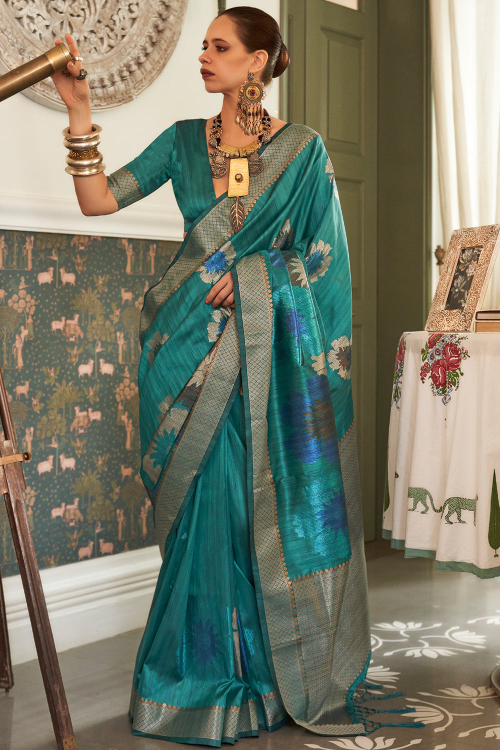 olympic blue silk saree 3