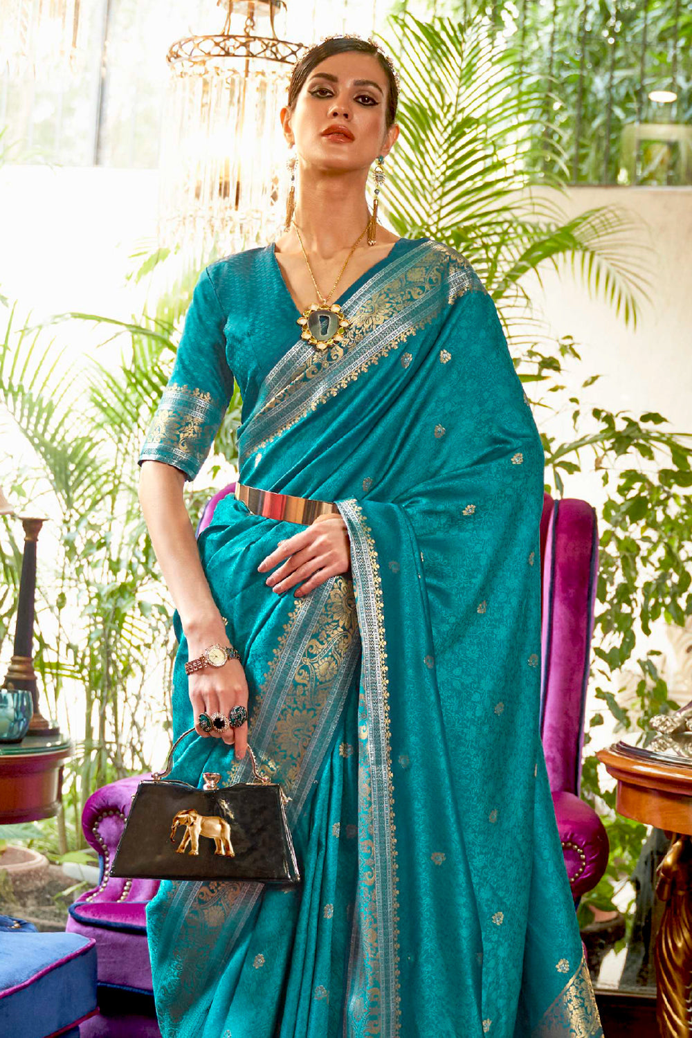 teal blue kanjivaram saree 1 2