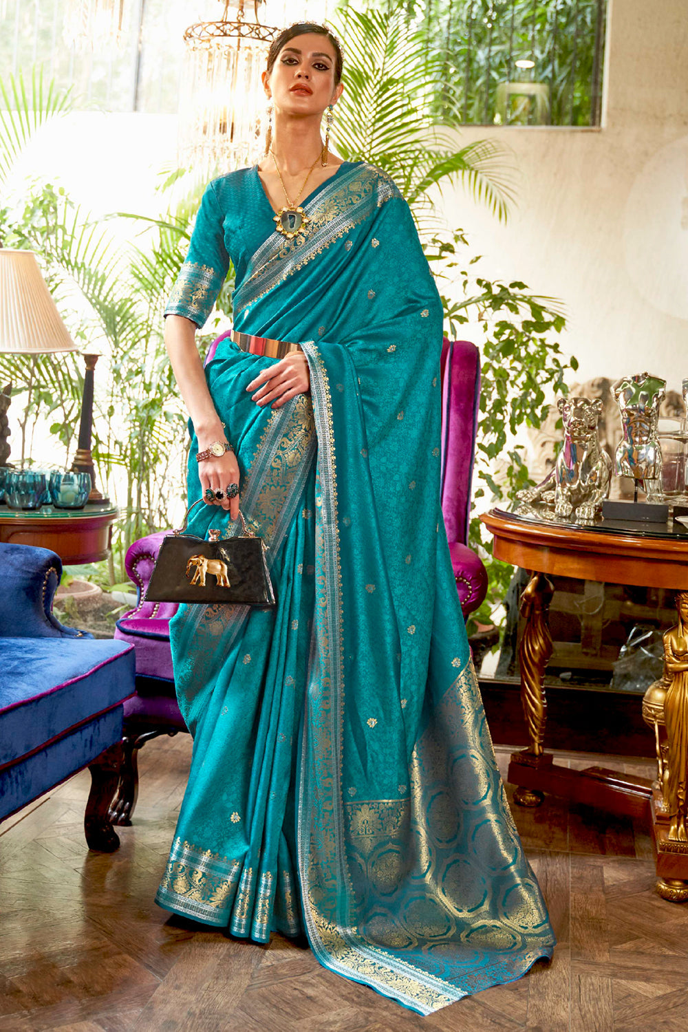 teal blue kanjivaram saree 1 3