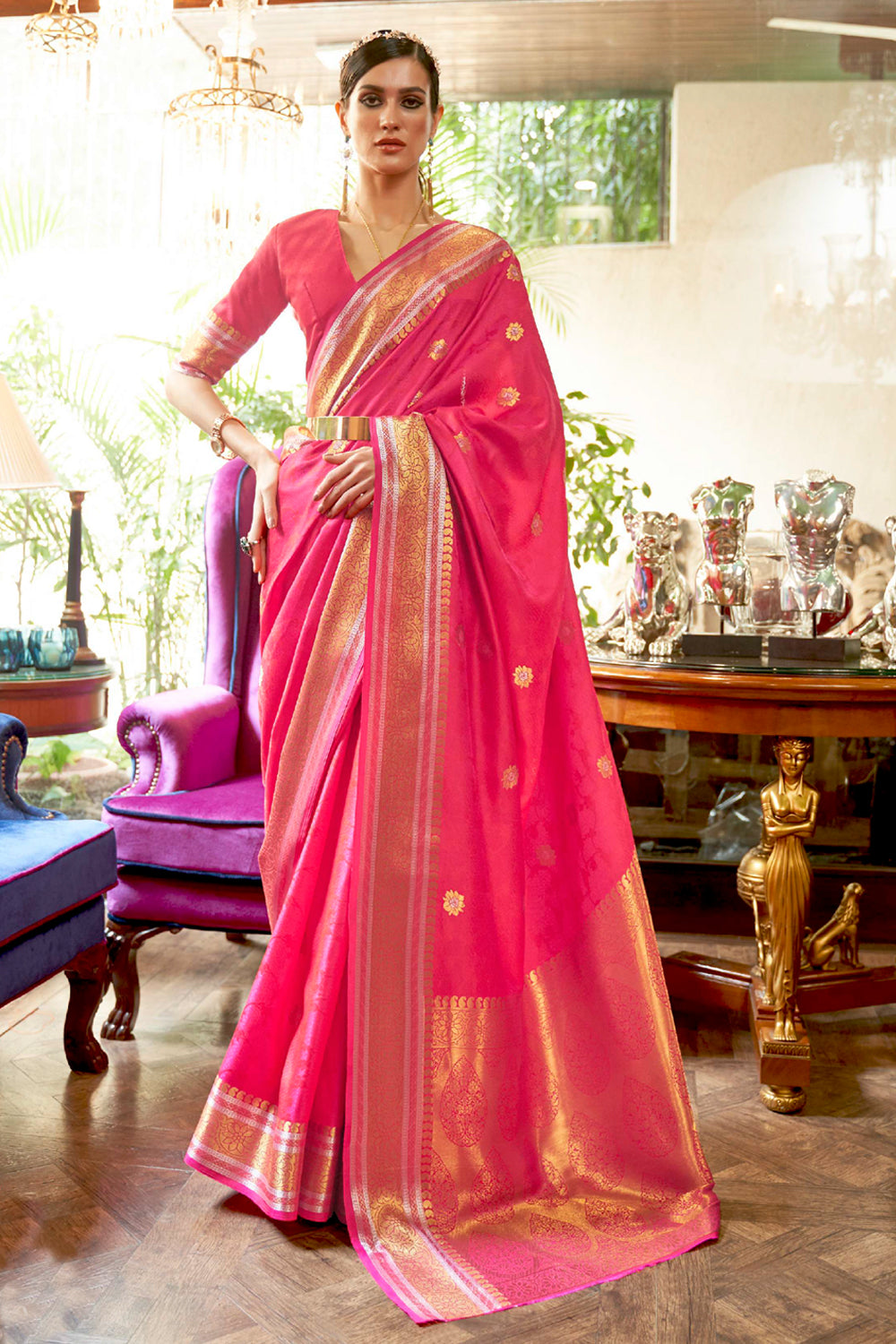 watermelon pink kanjivaram saree 2 3