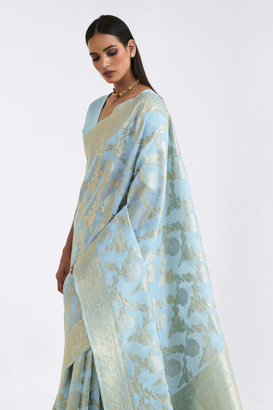 powder blue linen saree 1