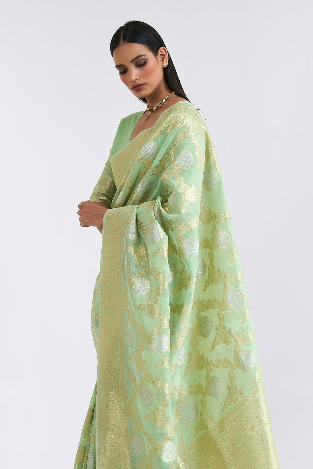 sage green linen saree 1