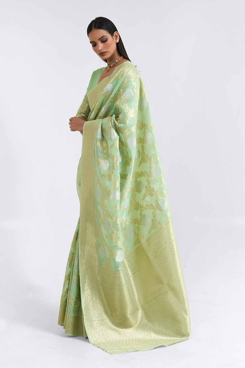 sage green linen saree 3