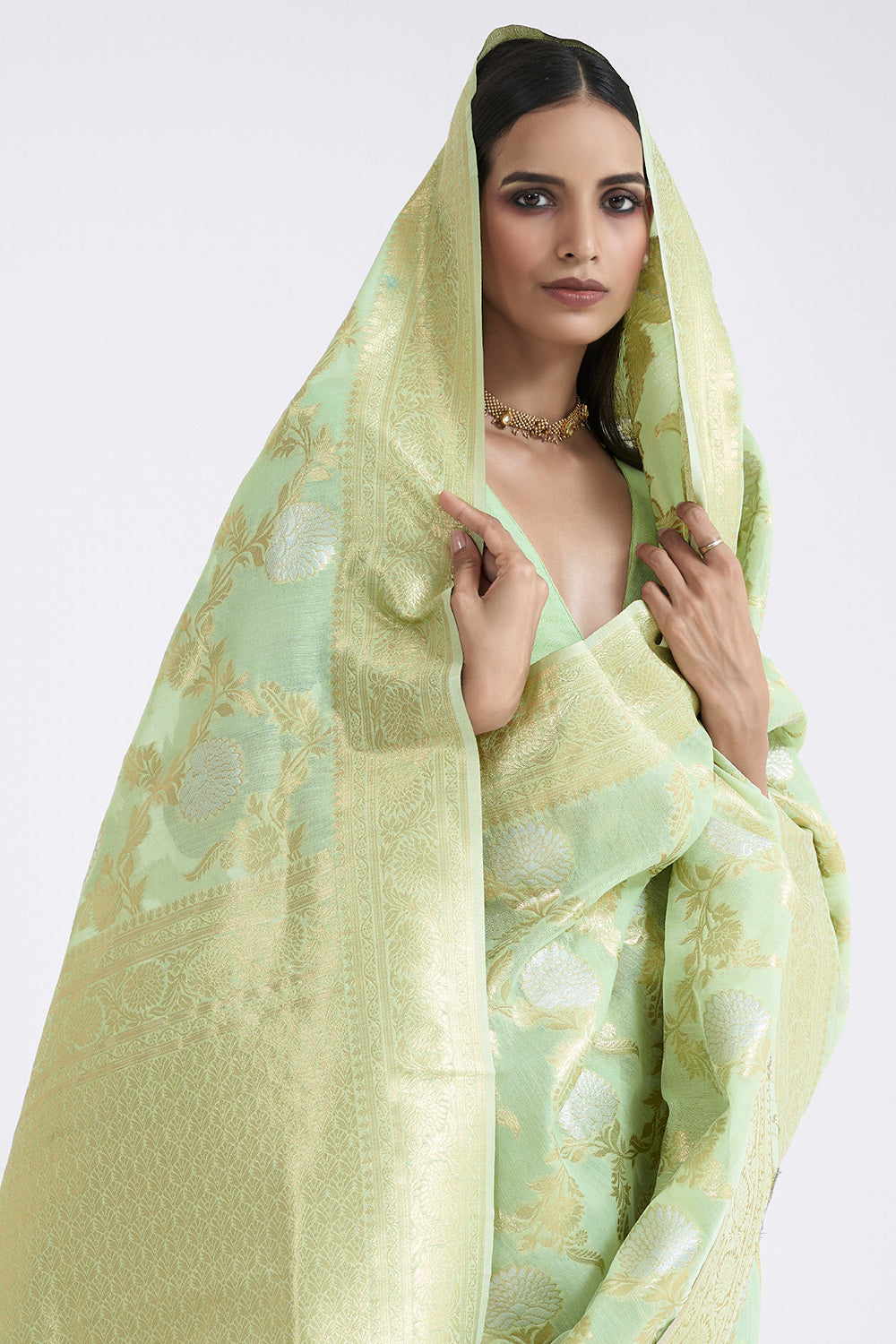 sage green linen saree 4