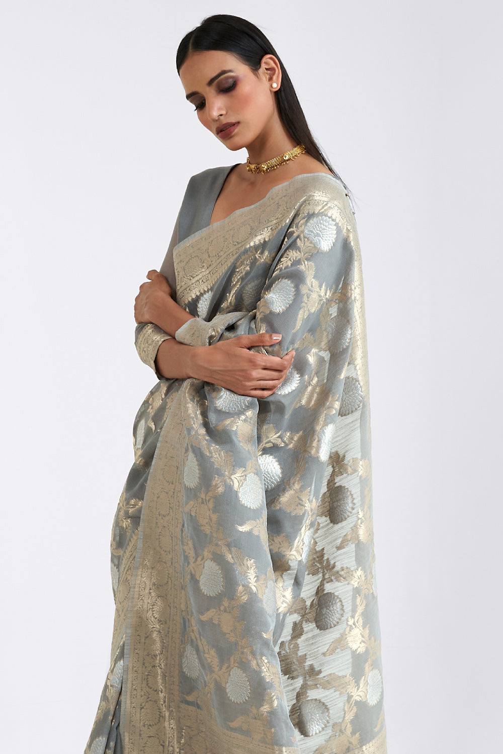 powder grey linen saree 1