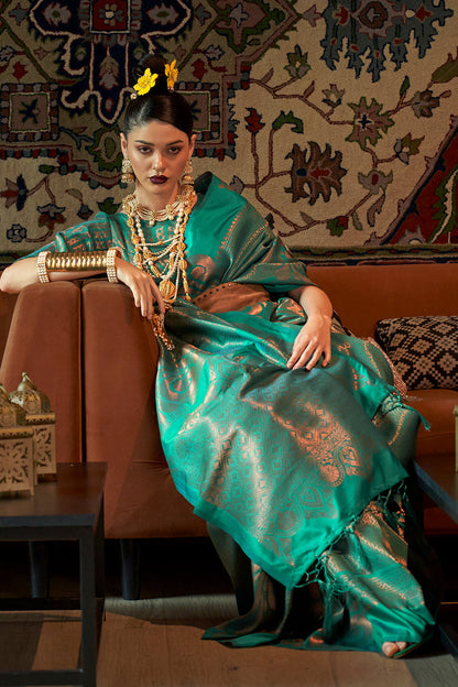 teal blue kanjivaram silk saree 4