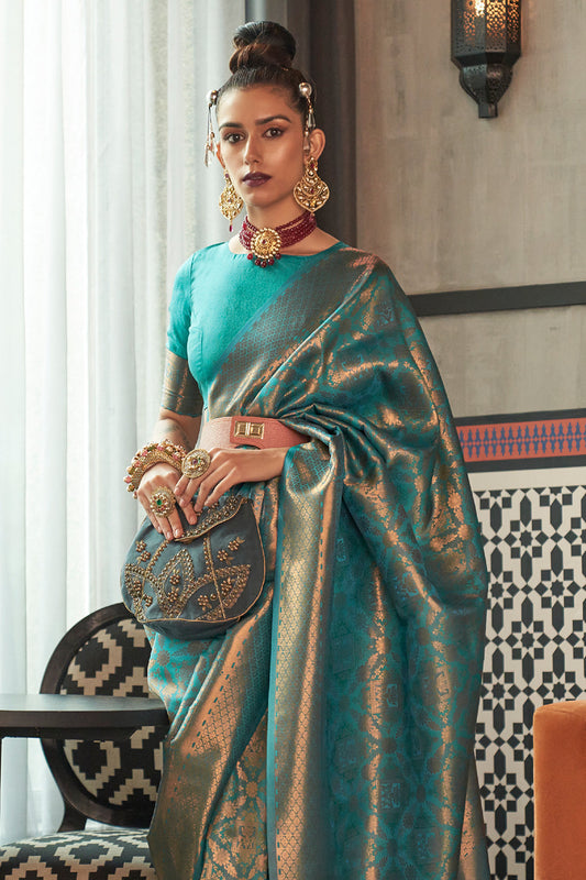 turquoise green kanjivaram saree 1