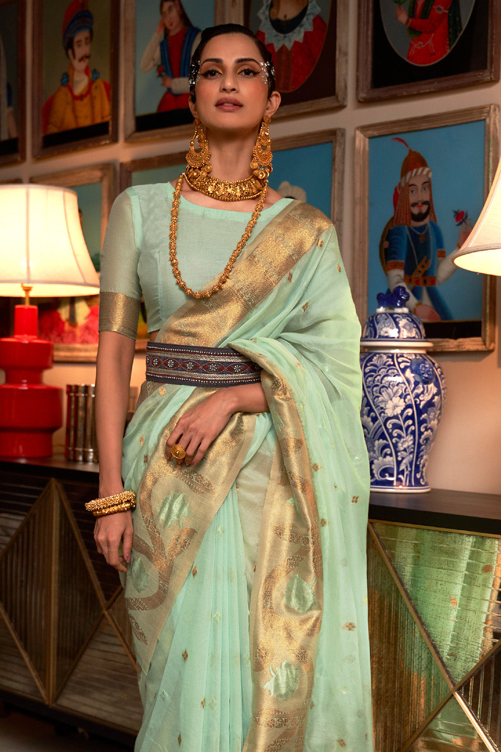 seafoam green organza saree 1