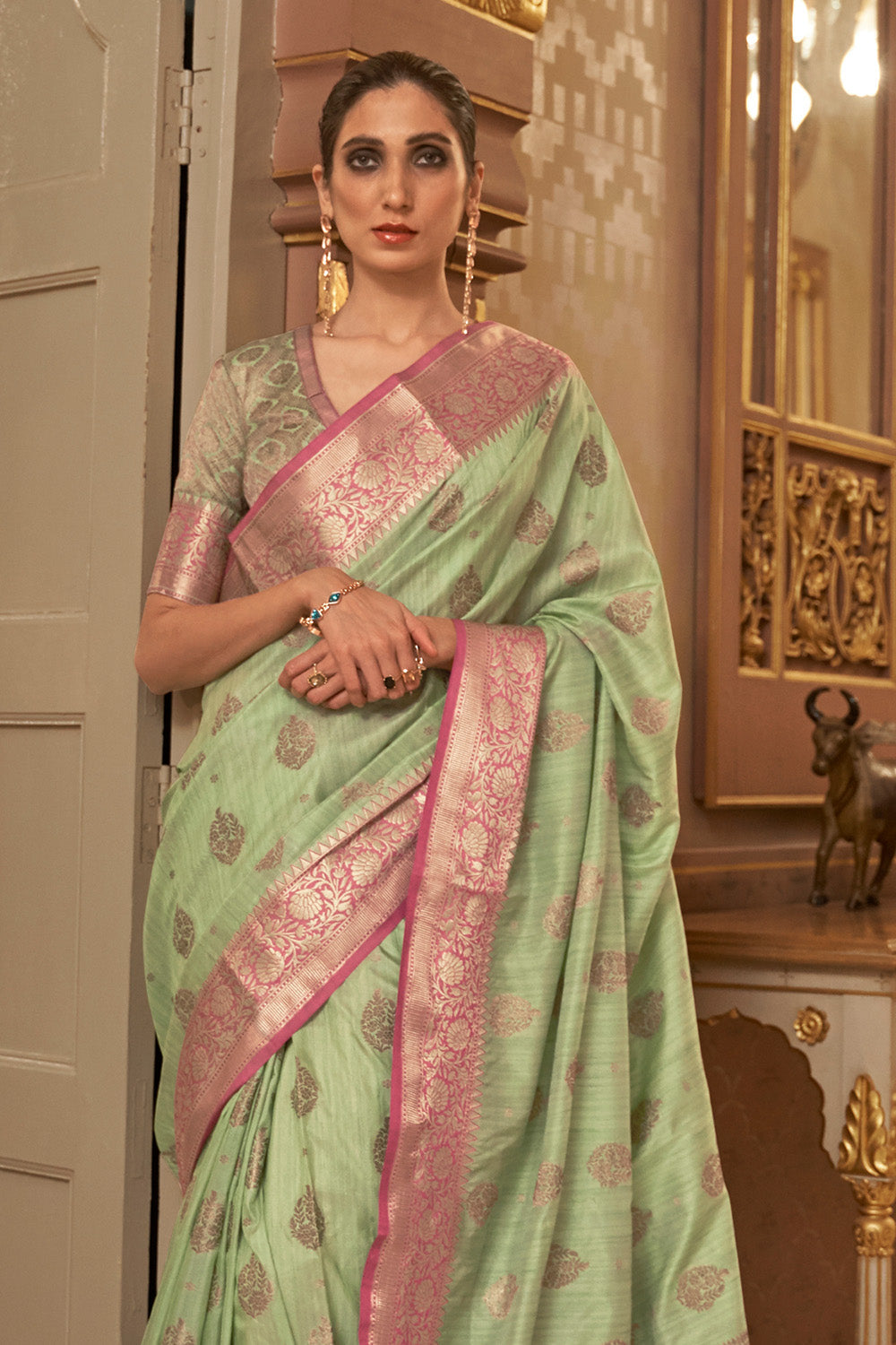 mint green cotton saree 1