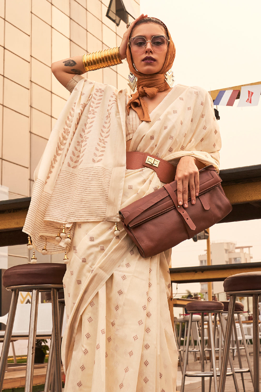 cream white linen saree 1