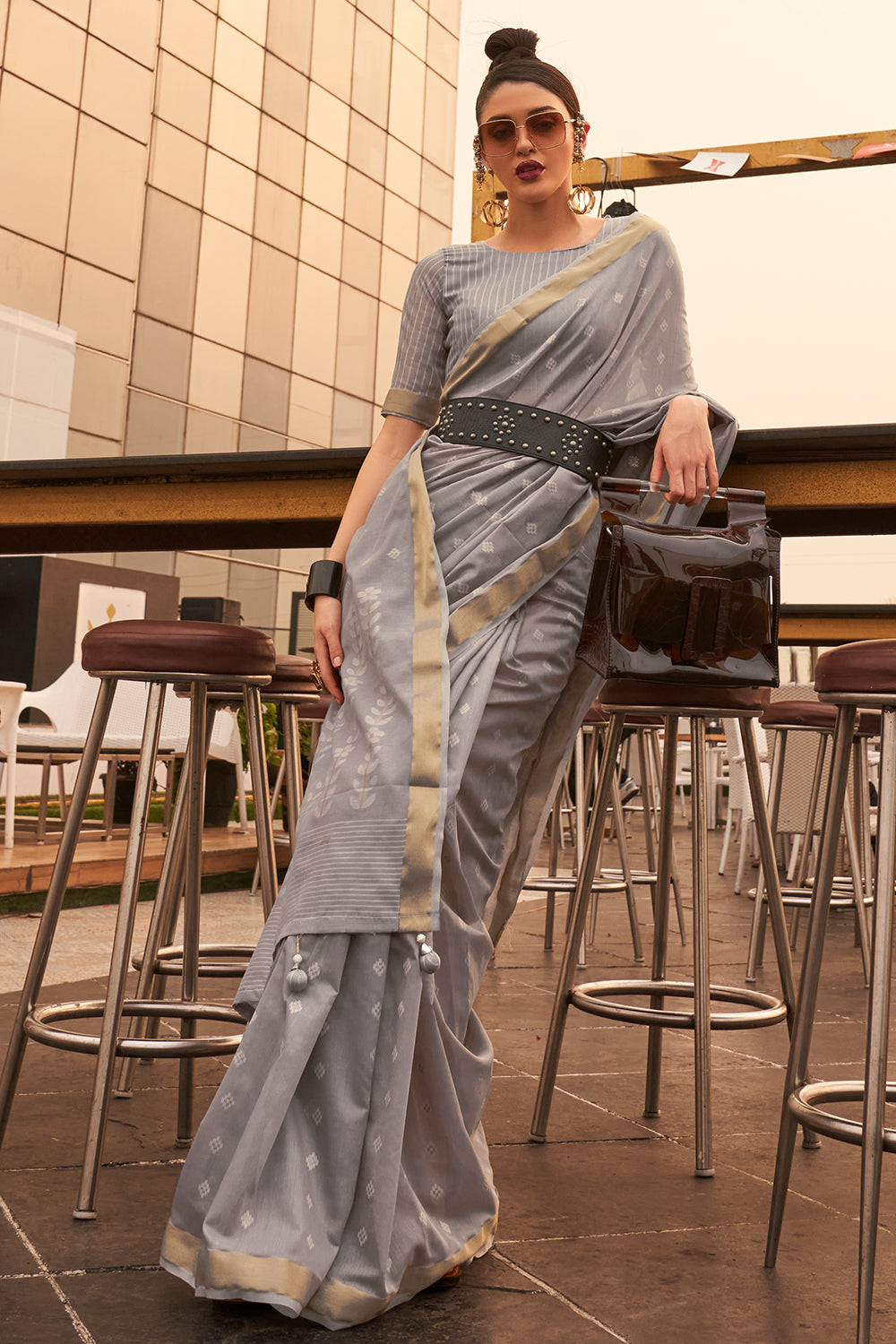 pewter grey linen saree 3