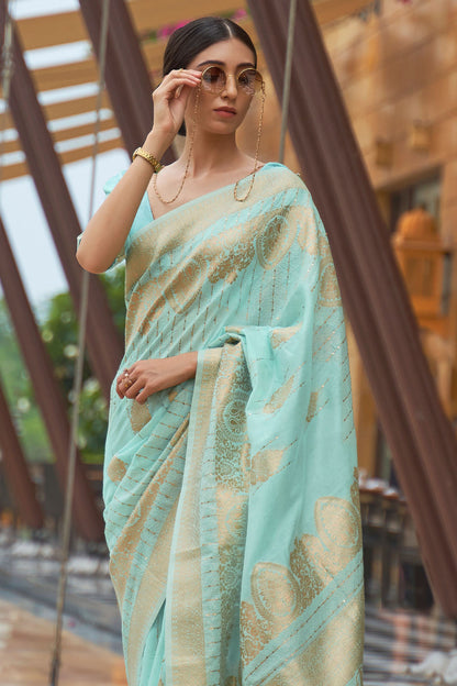 aquamarine blue banarasi saree 1