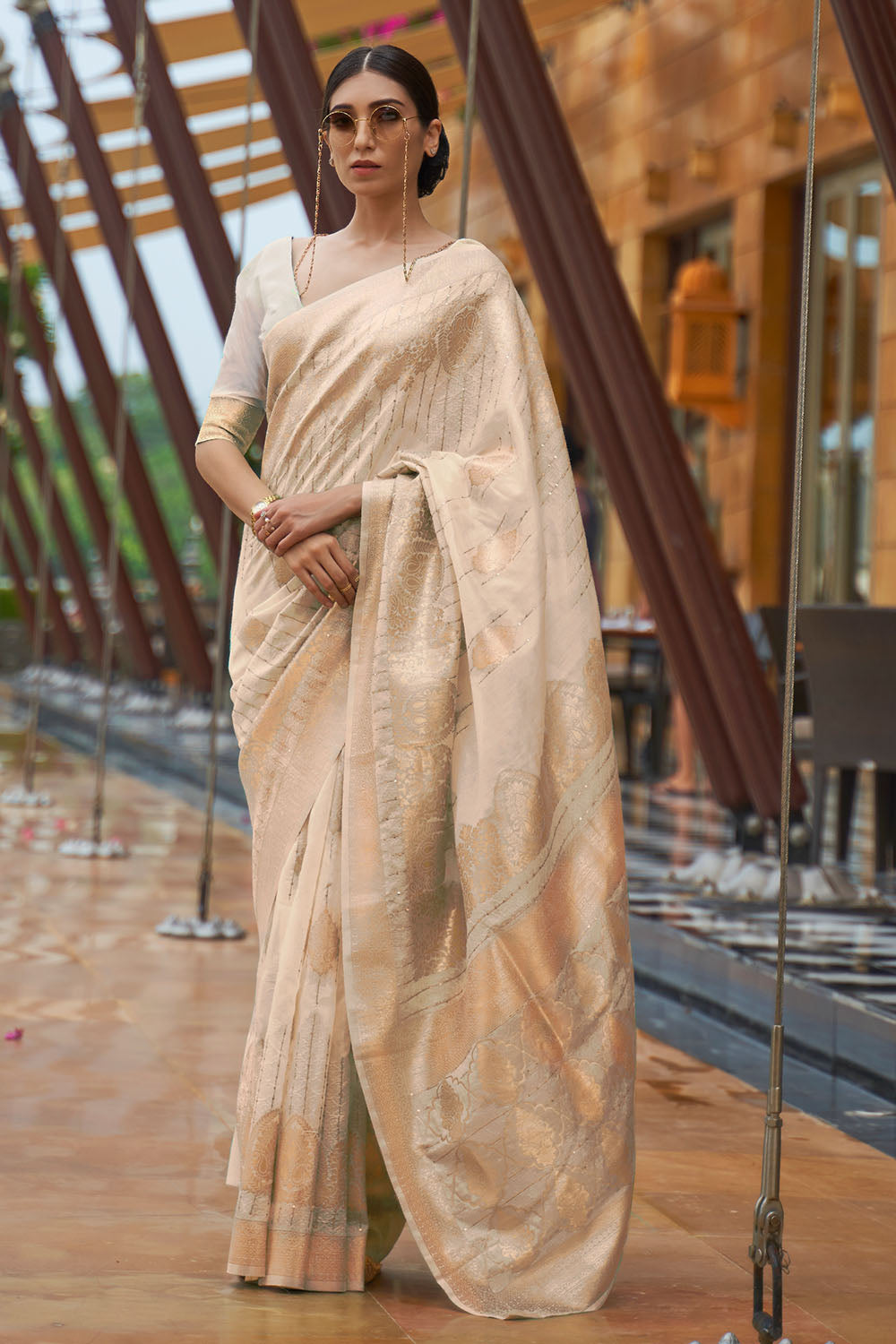 buttermilk golden banarasi saree 3