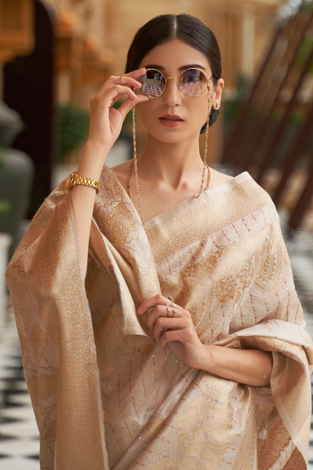 buttermilk golden banarasi saree 4