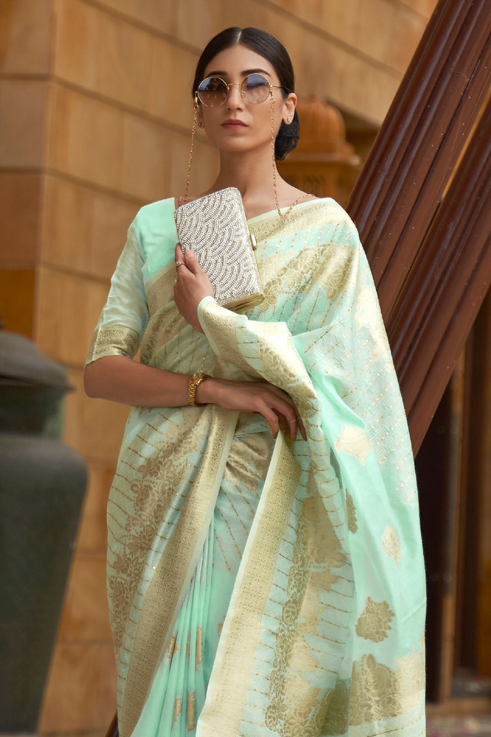 mint green banarasi saree 1