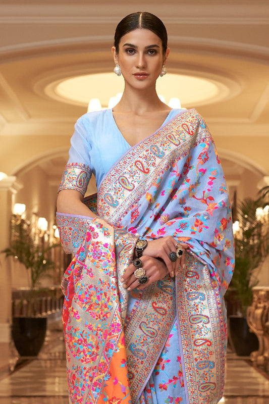 electric blue pashmina saree 1