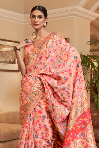 peachy pink pashmina saree 1