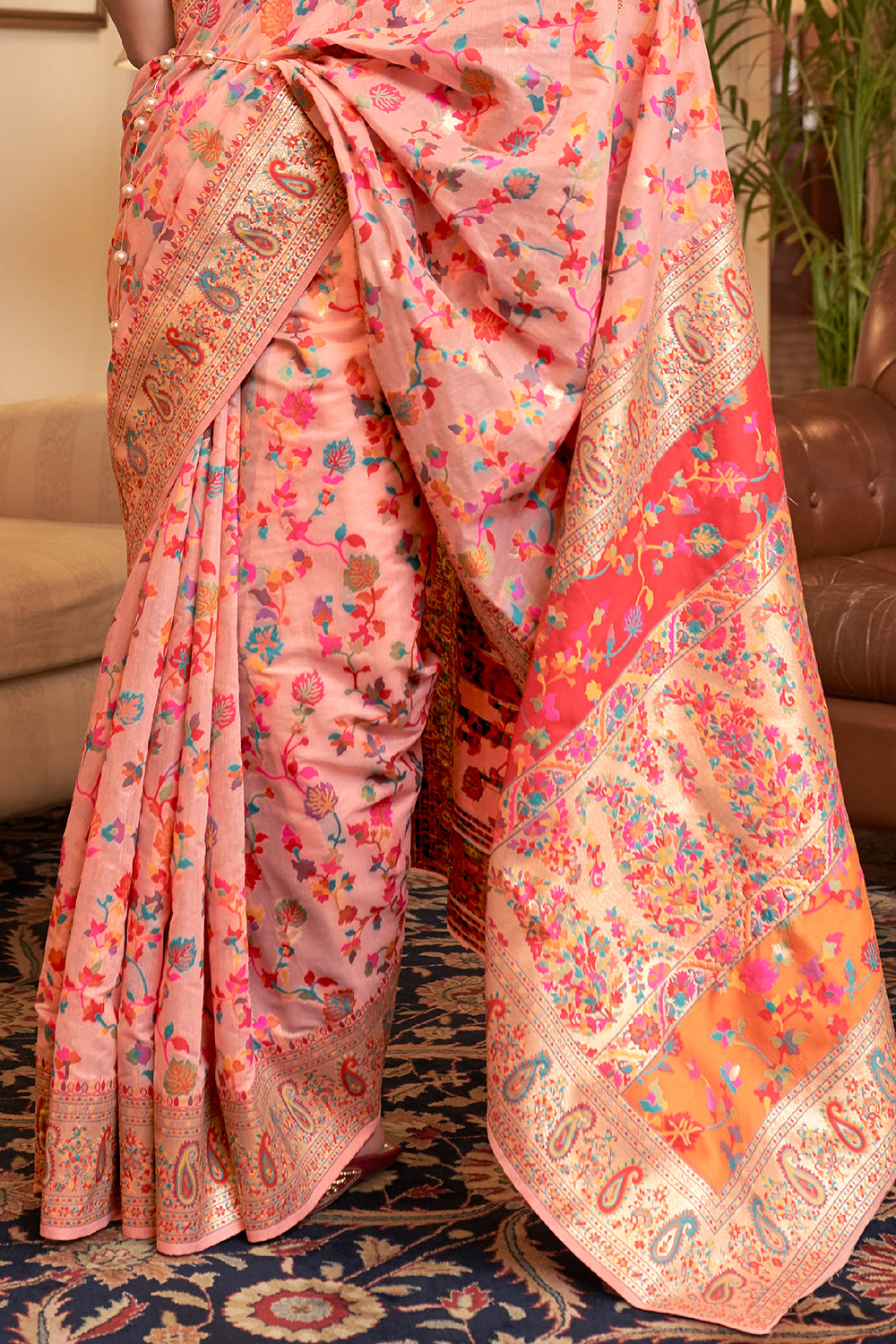 peachy pink pashmina saree 2