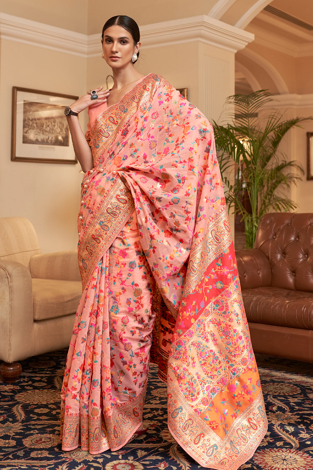 peachy pink pashmina saree 3