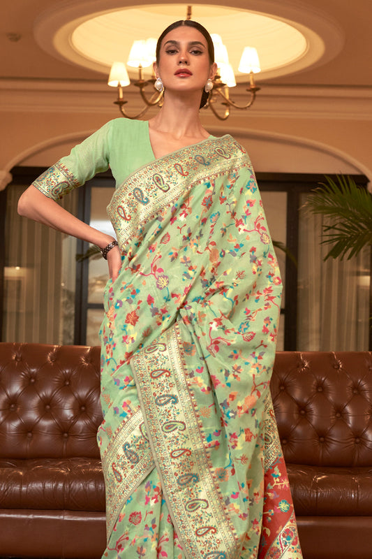 pistachio green pashmina saree 1