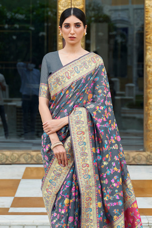 pigeon blue pashmina saree 1