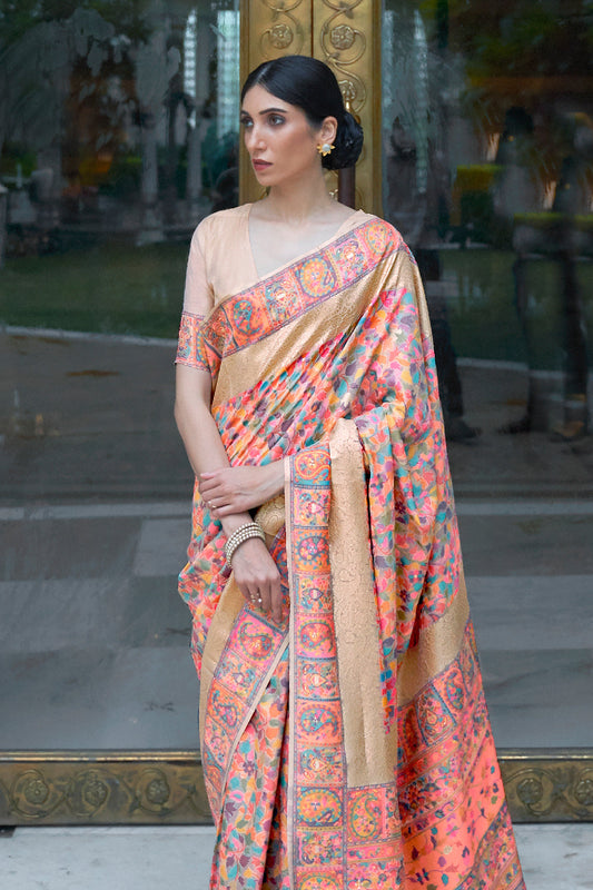 peach pink and golden pashmina saree 1