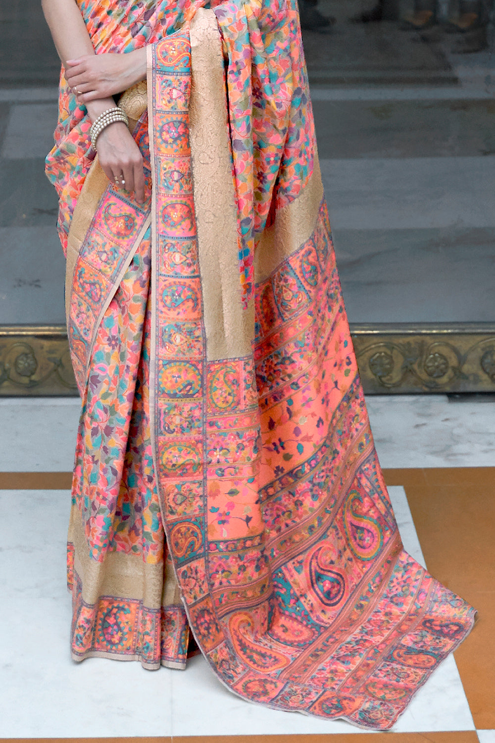 peach pink and golden pashmina saree 2