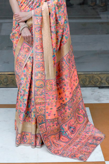 peach pink and golden pashmina saree 2