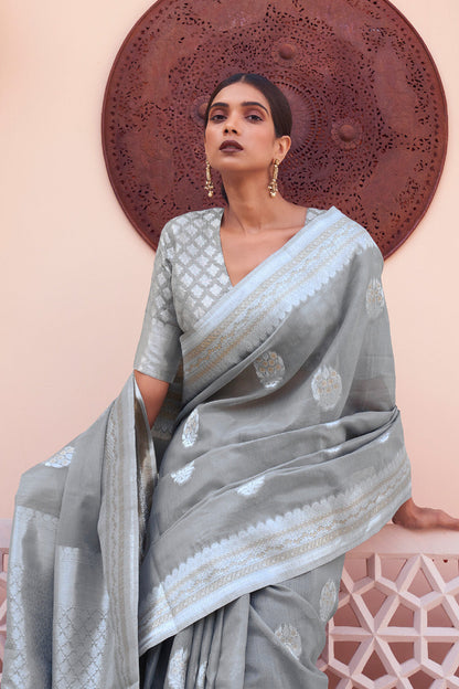 coin grey linen saree 4