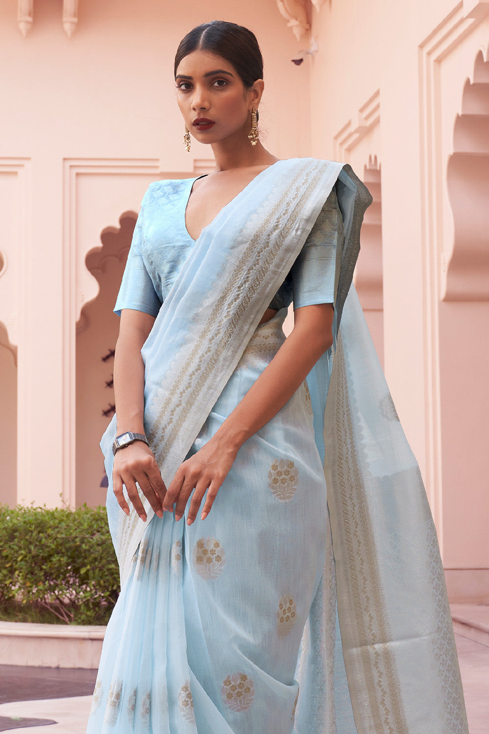 sky blue linen saree 1