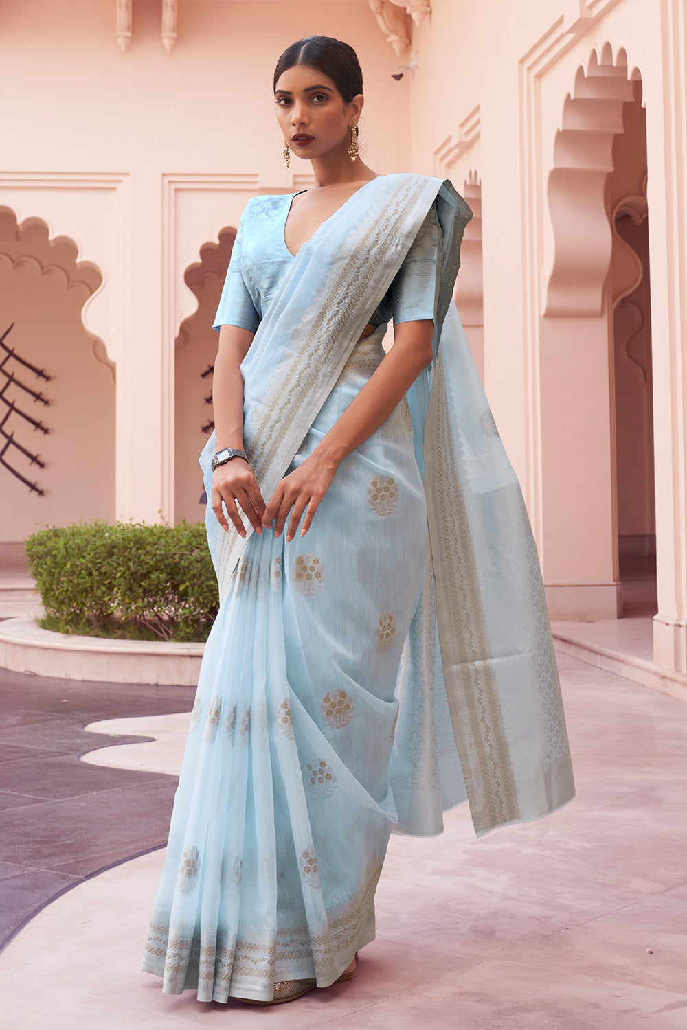 sky blue linen saree 3