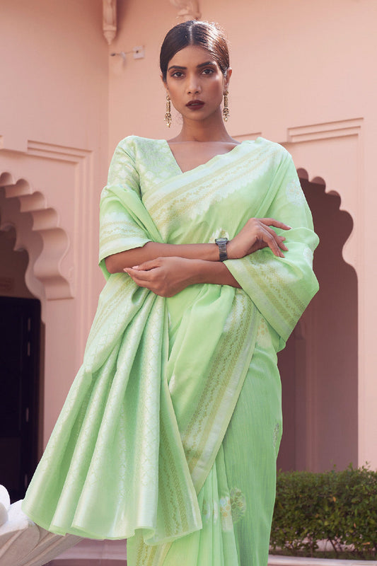 mint green linen saree 1