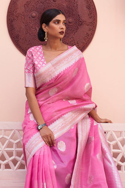 flamingo pink linen saree 2 2