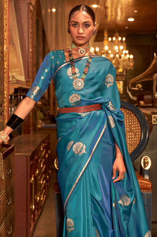 pacific blue satin saree 1