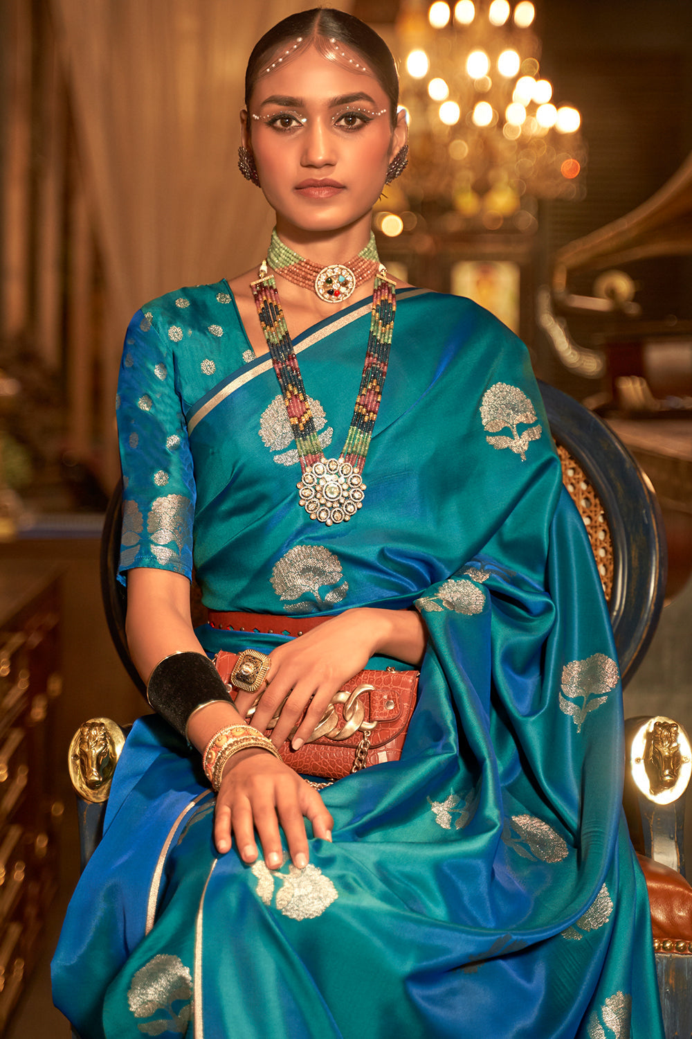 pacific blue satin saree 4