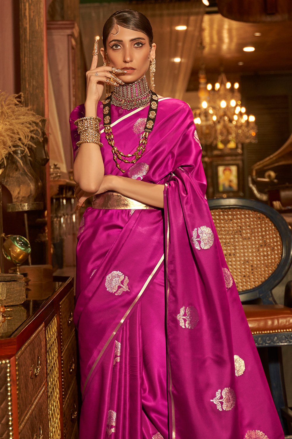 magenta purple satin saree 1