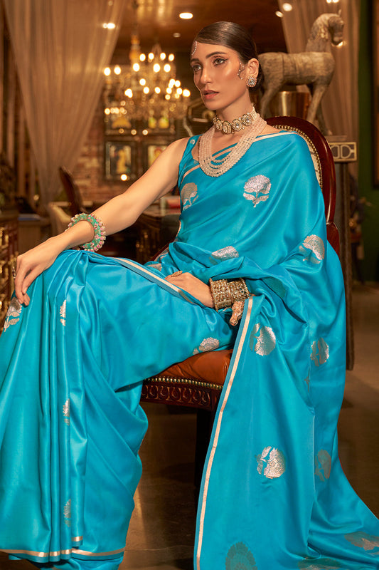 ocean blue satin saree 1 1