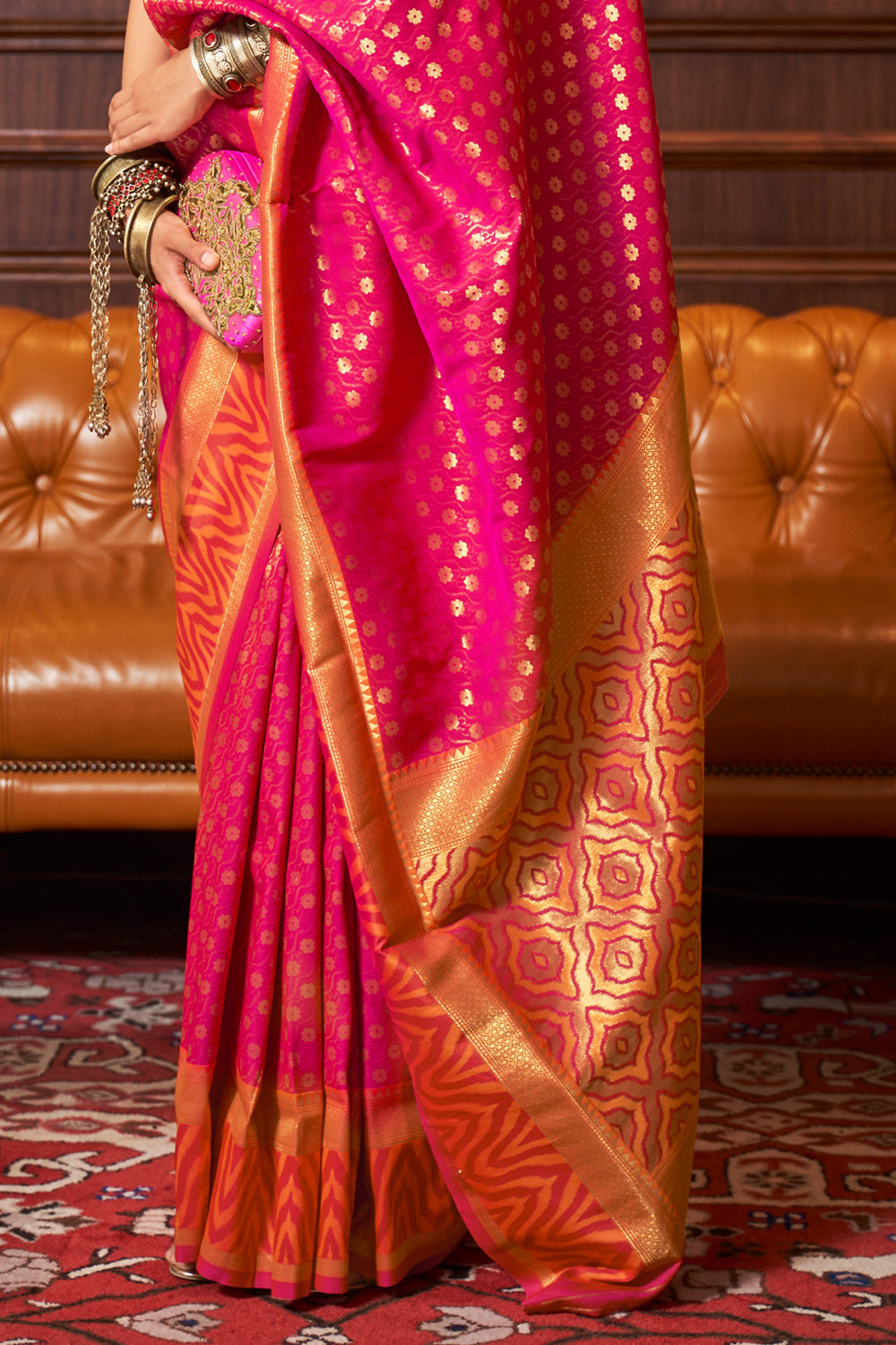 hot pink and orange kanjivaram saree 2