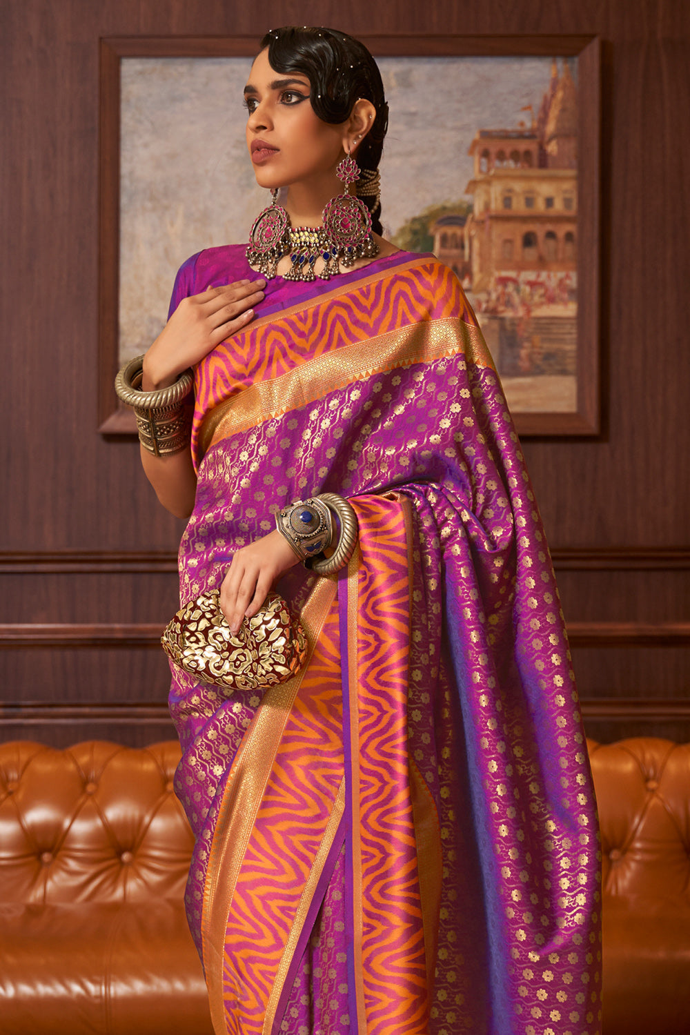 magenta purple and orange kanjivaram saree 1