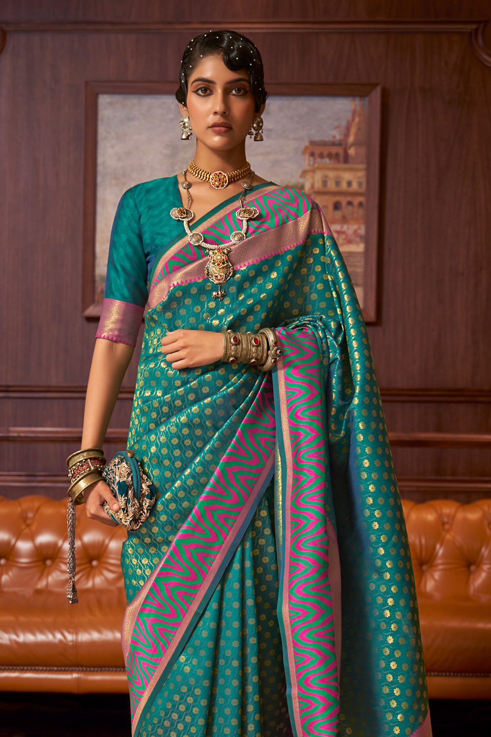 jade green kanjivaram saree with pink border 1