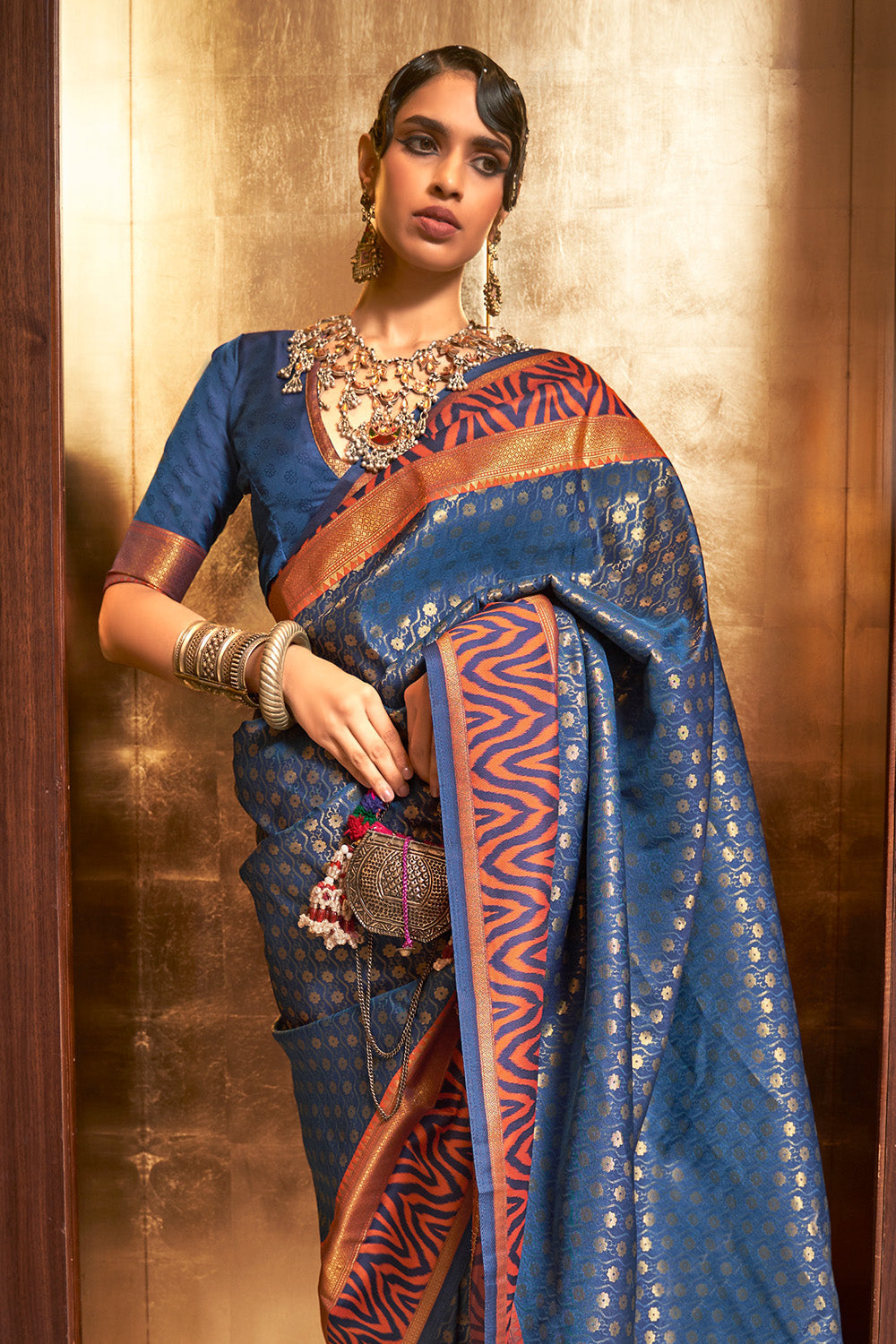 cobalt blue kanjivaram saree 1 2