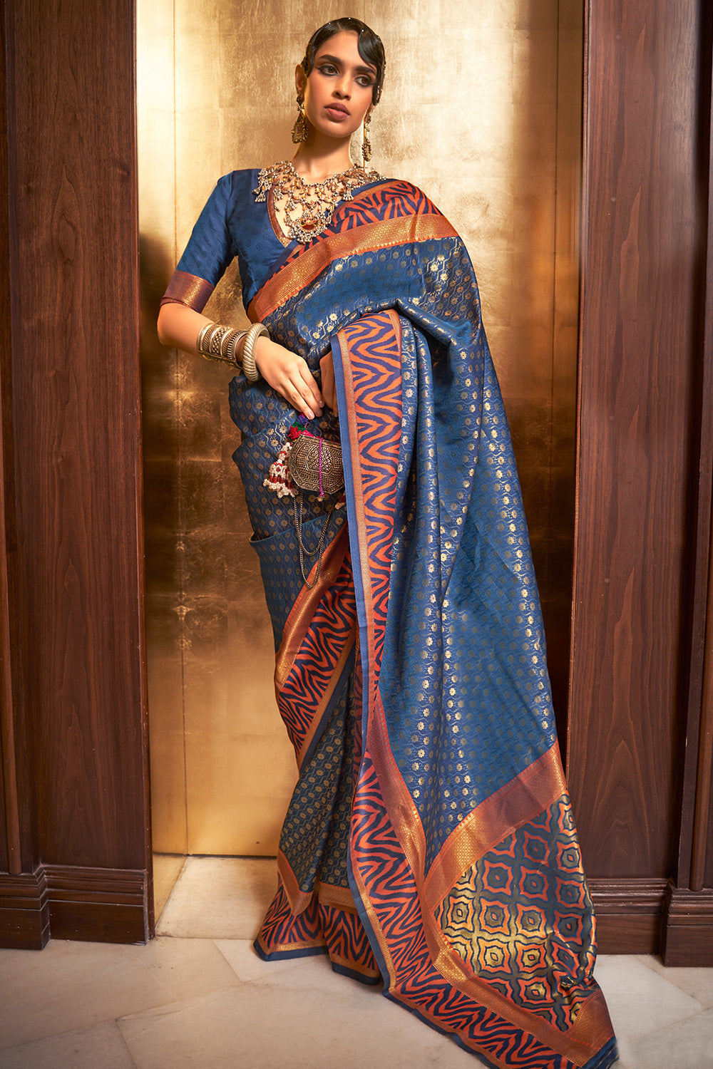 cobalt blue kanjivaram saree 1 3