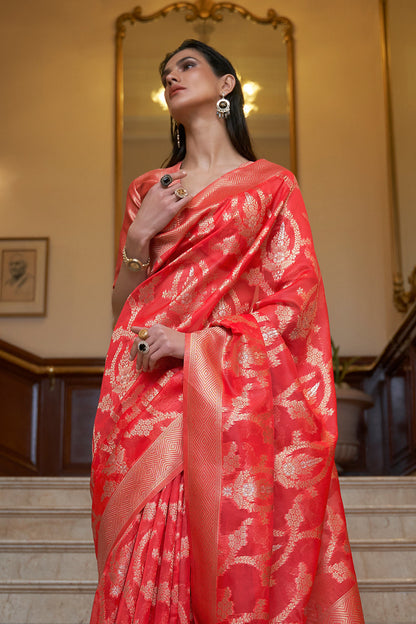 candy red organza saree 1