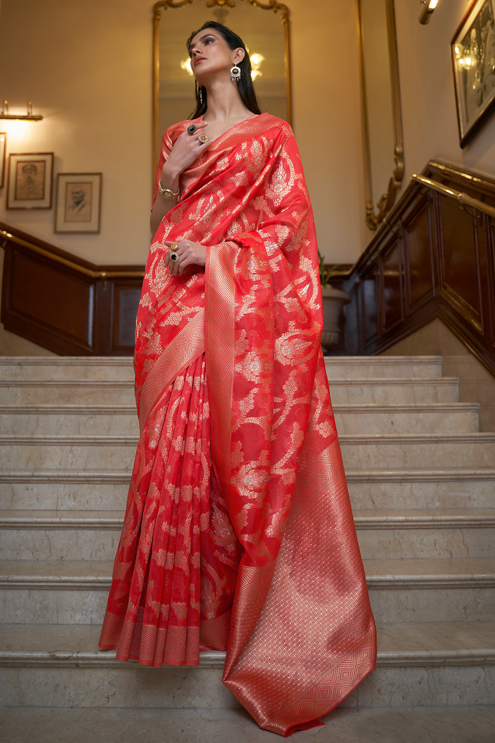 candy red organza saree 3